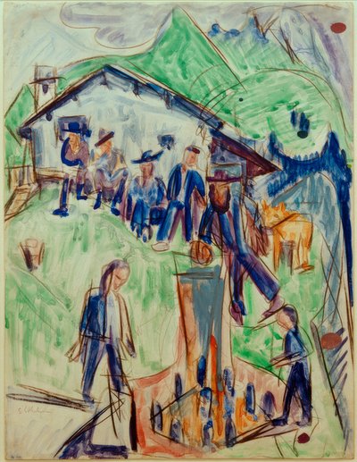 E. L. Kirchner, Farmers at the Fountain in Front of Stafelalp Hut by Ernst Ludwig Kirchner